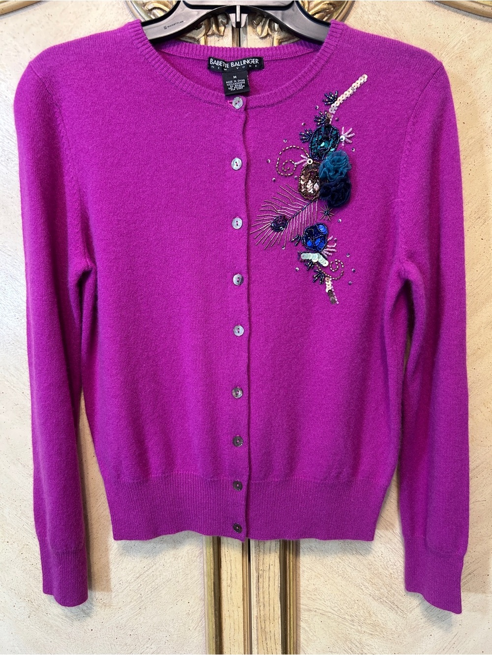 Babette Ballinger Purple Pink Embellished Beaded Sequin 100% Cashmere Cardigan